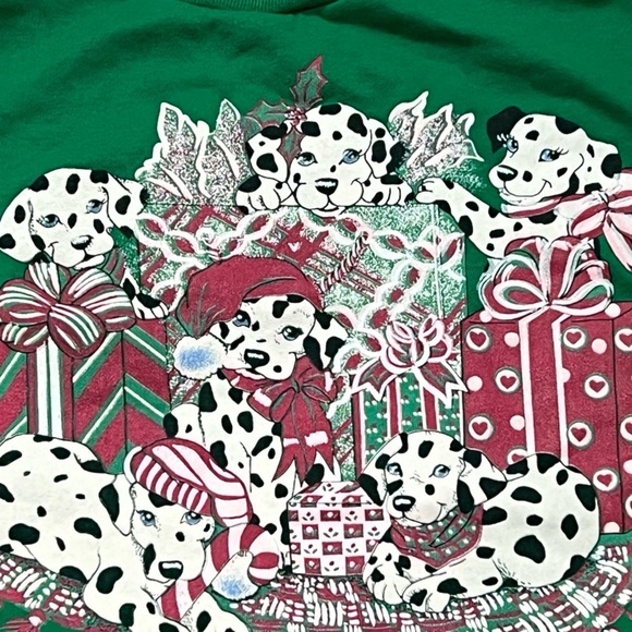 Vintage 80s Nutcracker Green Dalmations Dog Animal Print Christmas Sweatshirt - Picture 3 of 5